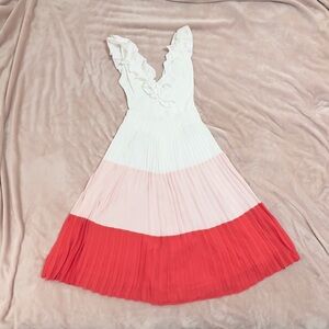 Lulus Pleated Midi Skirt White Pink Red Colorblock Feminine Statement Medium